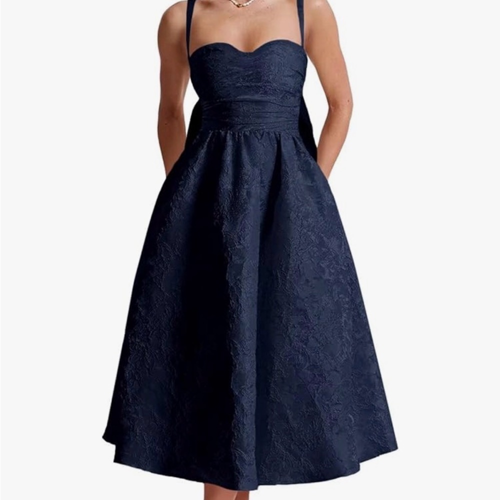 Navy Blue Midi Dress with Decorative Bow